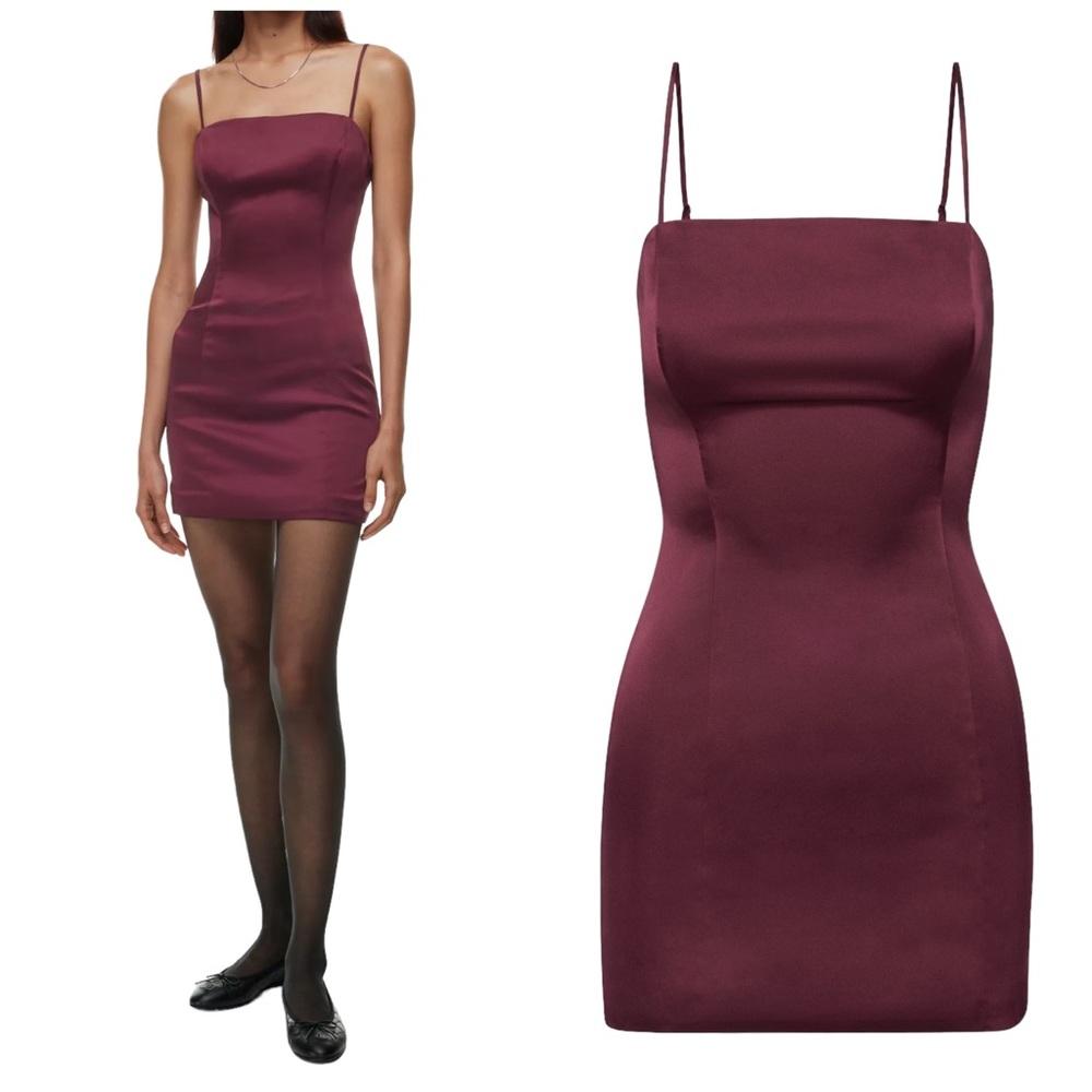 Sunday Best Shimmer Satin Square Neck 90s Style Mini Dress in Spiced Burgundy
